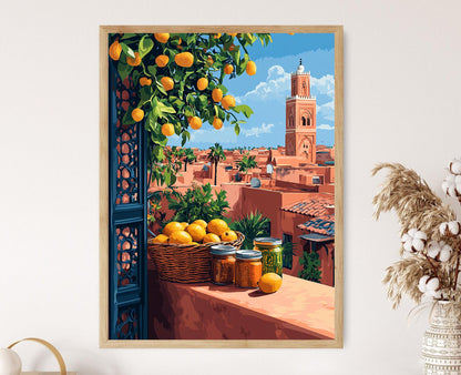 Affiche Marché de Marrakech – Poster Peinture Panier et Dattes Harissa