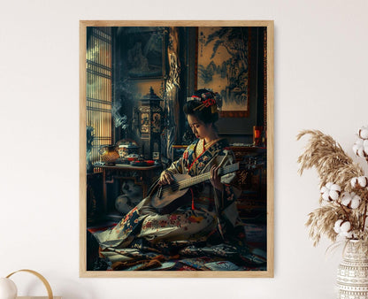 Affiche Geisha – Peinture à l'aquarelle japonaise de musicienne Biwa