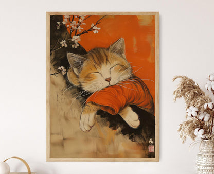 Affiche Chat Endormi Wabi Sabi – Art Japonais Apaisant pour Amoureux des Chats