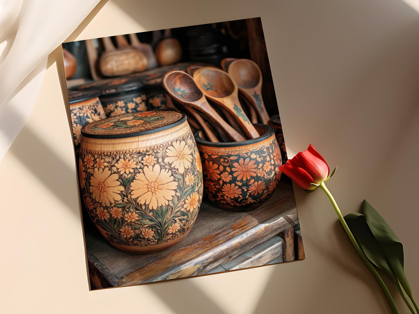 Affiche Art Populaire – Impression en Écorce de Bouleau Russe avec Cuillères Khokhloma