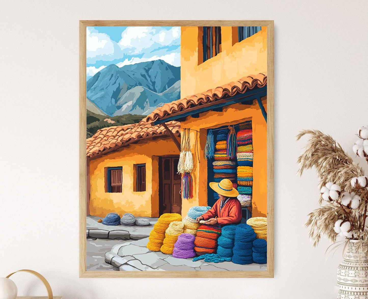 Affiche Tarabuco – Poster de laine bolivienne, peinture de village montagnard