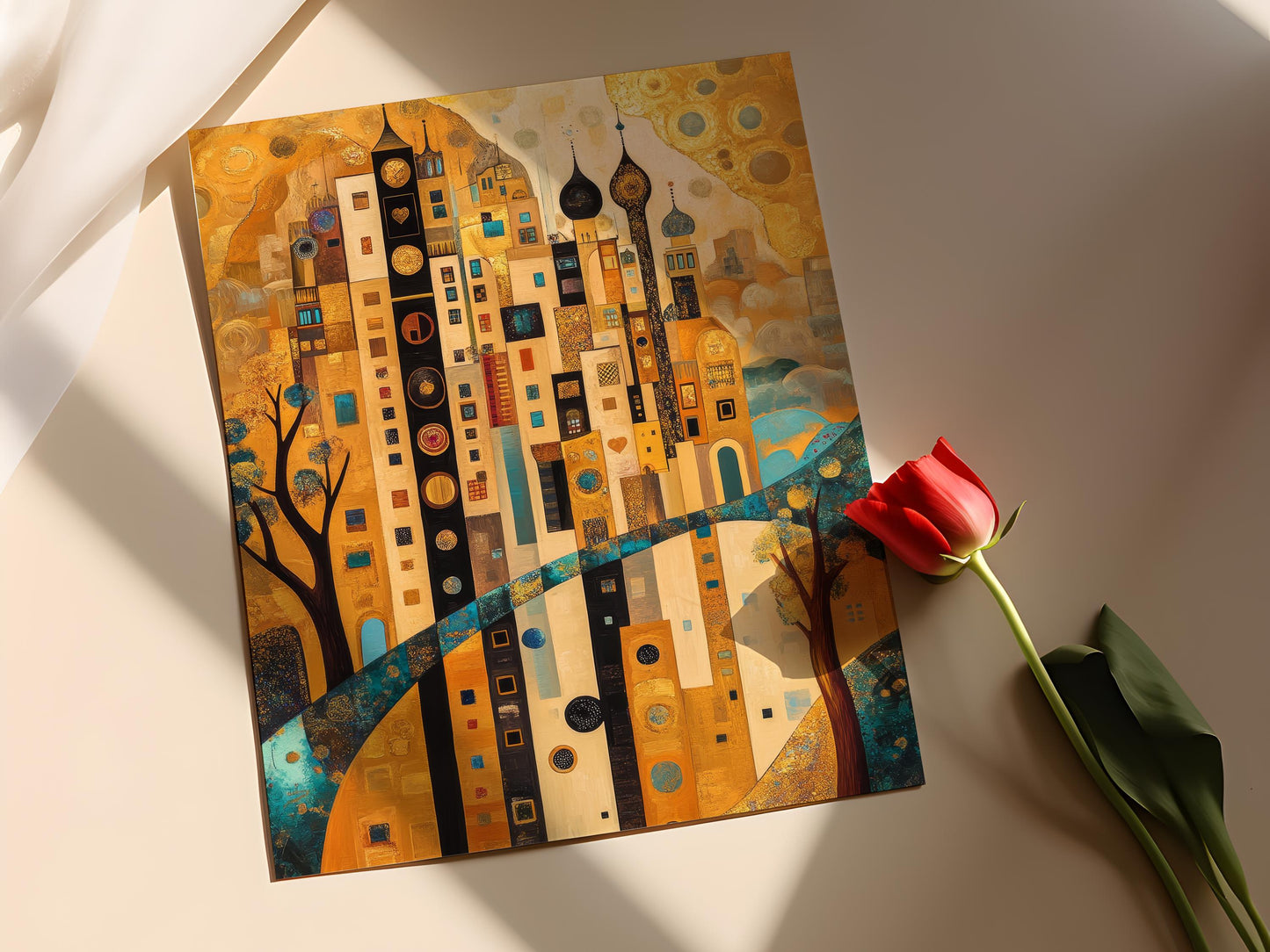 Affiche inspirée de Klimt – Poster paysages urbains dorés et nature géométrique