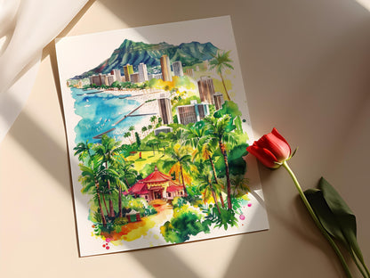 Affiche Honolulu – Impression colorée de la ville, cadeau souvenir hawaïen