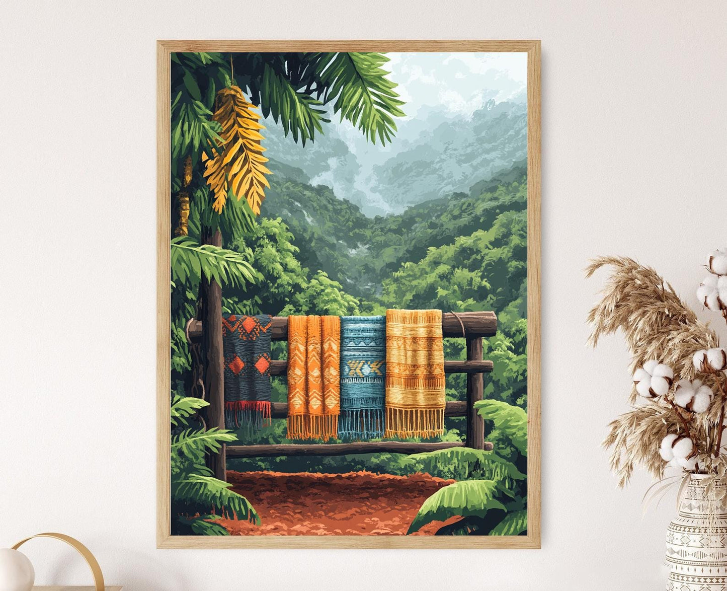 Affiche Waimea - Poster Art Textile Village de Kauai en Forêt Brumeuse