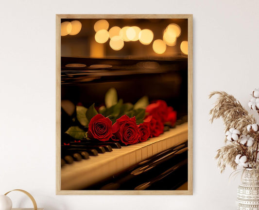 Affiche Roses Romantiques sur Piano – Décor Élégant pour Salle de Musique