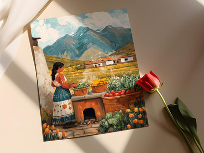 Affiche Femme Bolivienne – Illustration Salteñas au Four en Argile