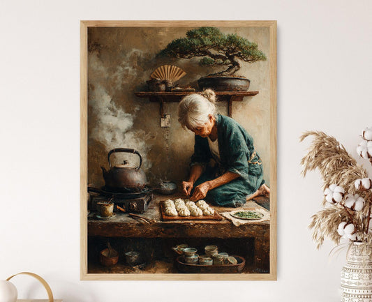 Affiche Gyoza Japonaise – Poster Cuisine avec Grand-mère et Bonsai