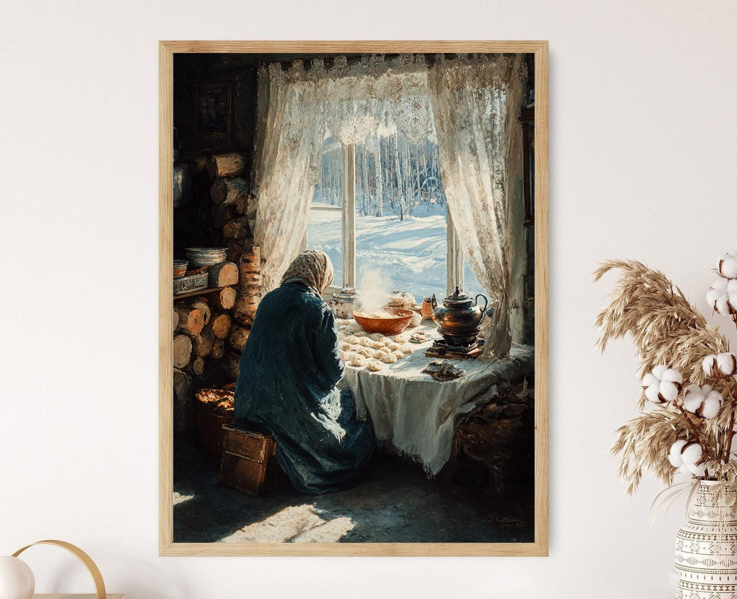 Affiche Pelmeni Sibériens – Poster Cuisine Russe avec Grand-Mère et Samovar