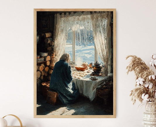 Affiche Pelmeni Sibériens – Poster Cuisine Russe avec Grand-Mère et Samovar
