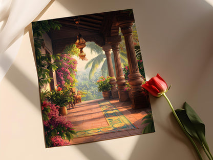 Affiche Art de Patio du Tamil Nadu – Poster Motif Kolam et Décor Luminaires