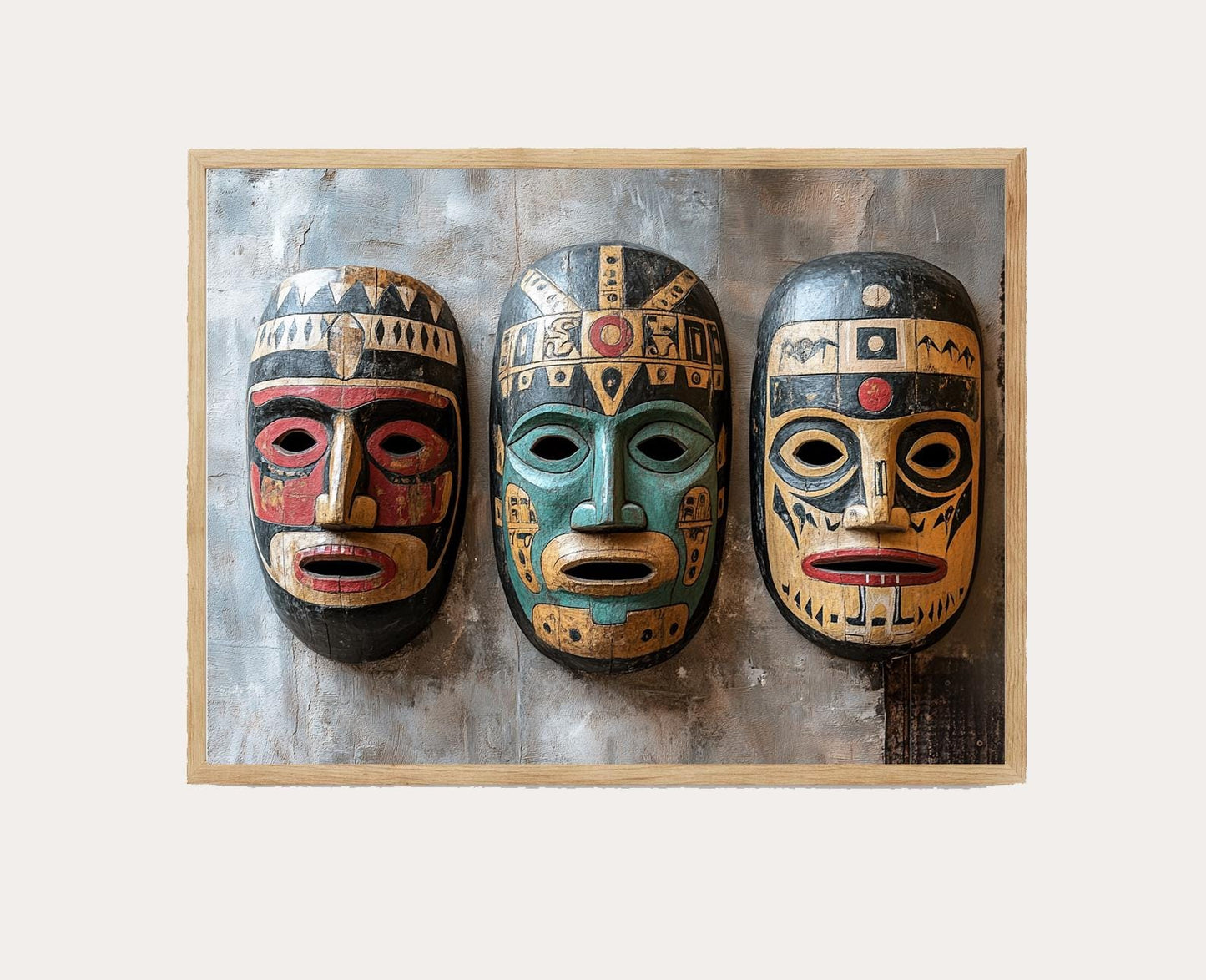 Affiche Masques Incas sur Mur Rustique – Art Andin Ancien