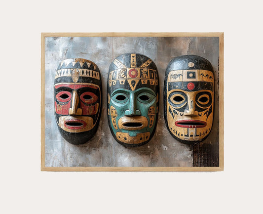 Affiche Masques Incas sur Mur Rustique – Art Andin Ancien