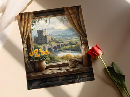 Affiche Patrimoine gallois – Poster Illustration de fenêtre en bois de Conwy