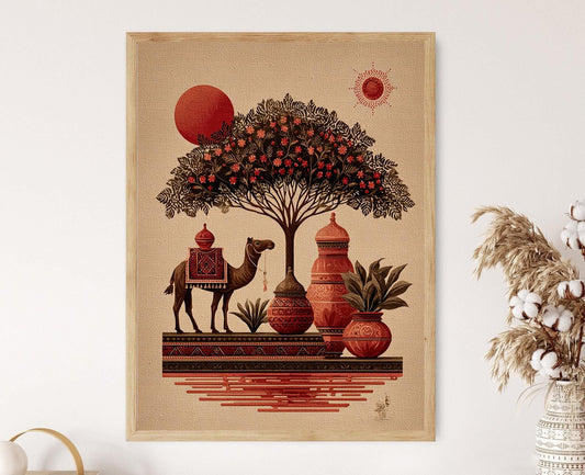 Affiche Désert du Rajasthan – Poster Art Populaire avec Chameaux et Miroirs