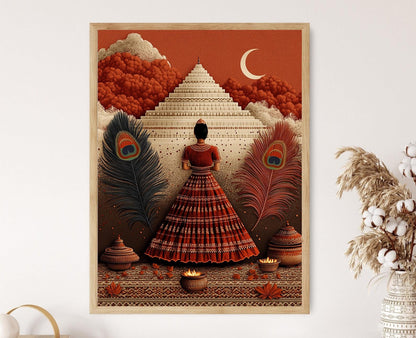 Affiche Navratri – Poster Symbole Folk Gujarat, Danse et Plumes