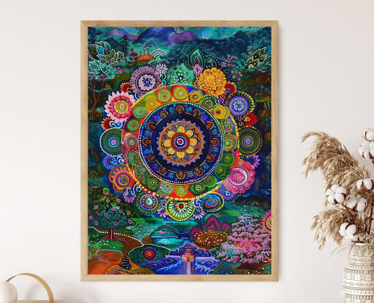 Affiche Peinture Tibétaine – Mandalas Intriqués et Symboles Bouddhistes
