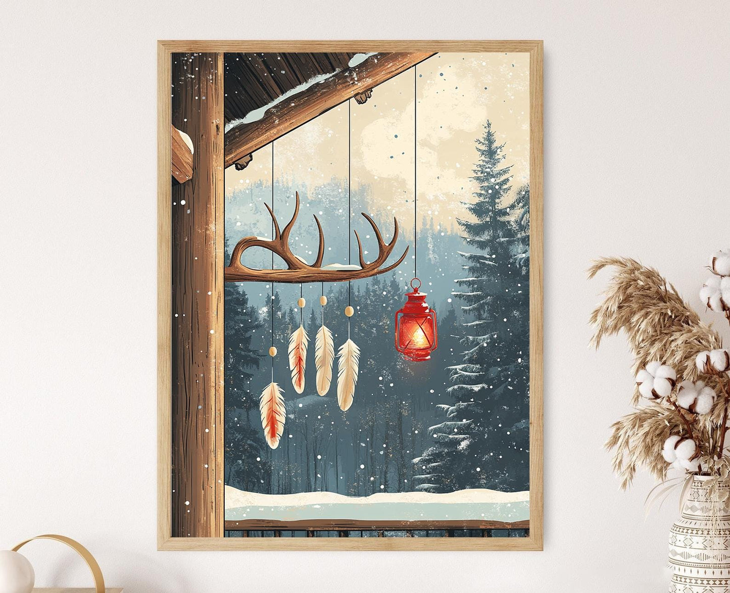 Affiche Hiver Nordique – Poster Art de Chandelier en Bois et Plumes