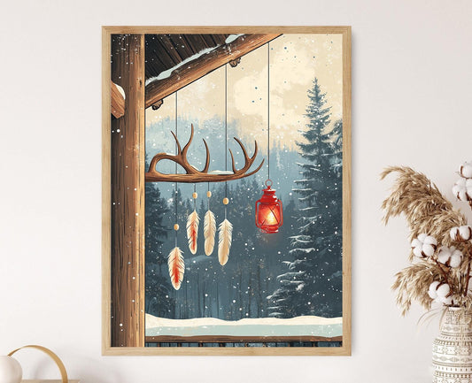 Affiche Hiver Nordique – Poster Art de Chandelier en Bois et Plumes