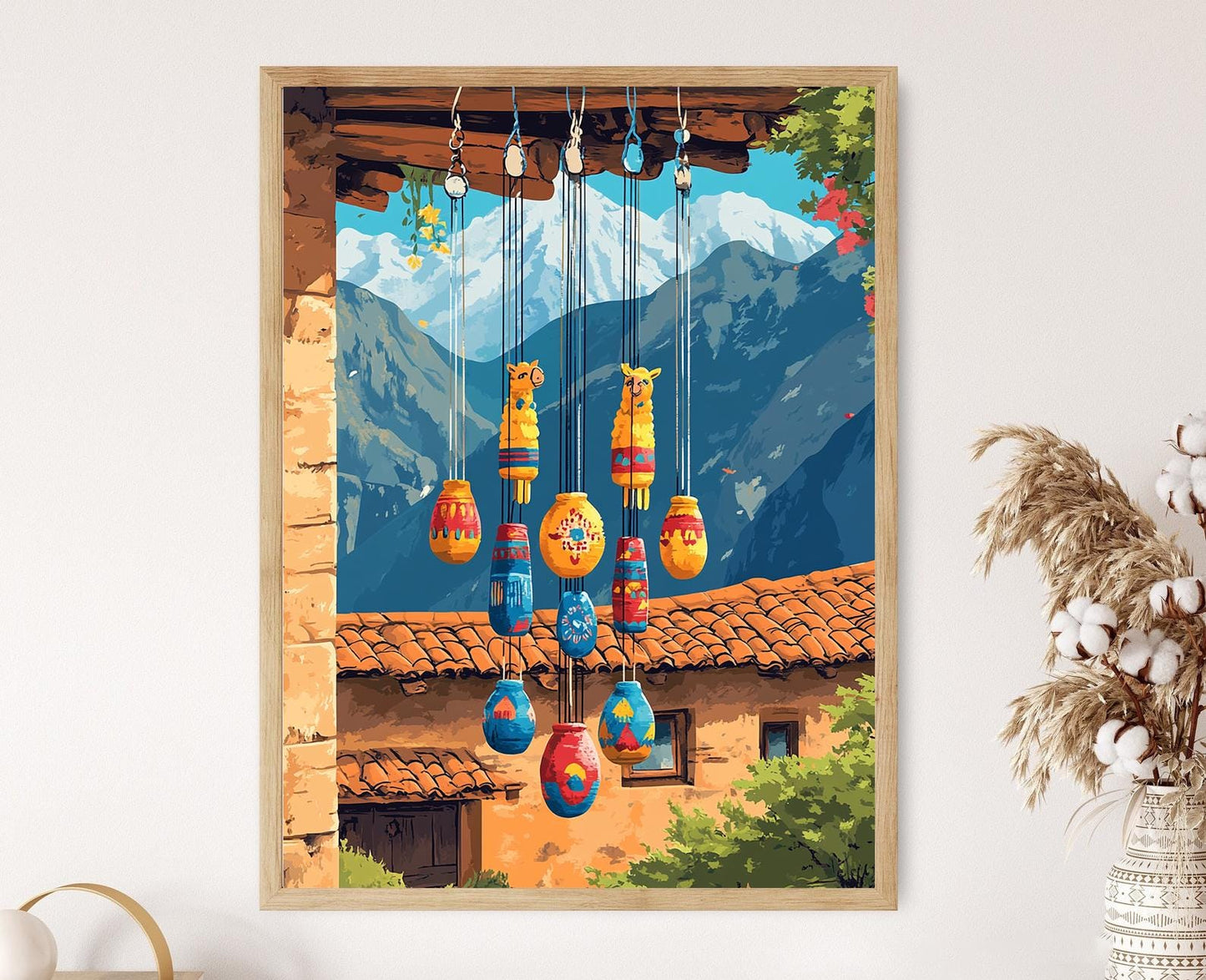 Affiche Vent Andin – Poster Llamas et Village Péruvien