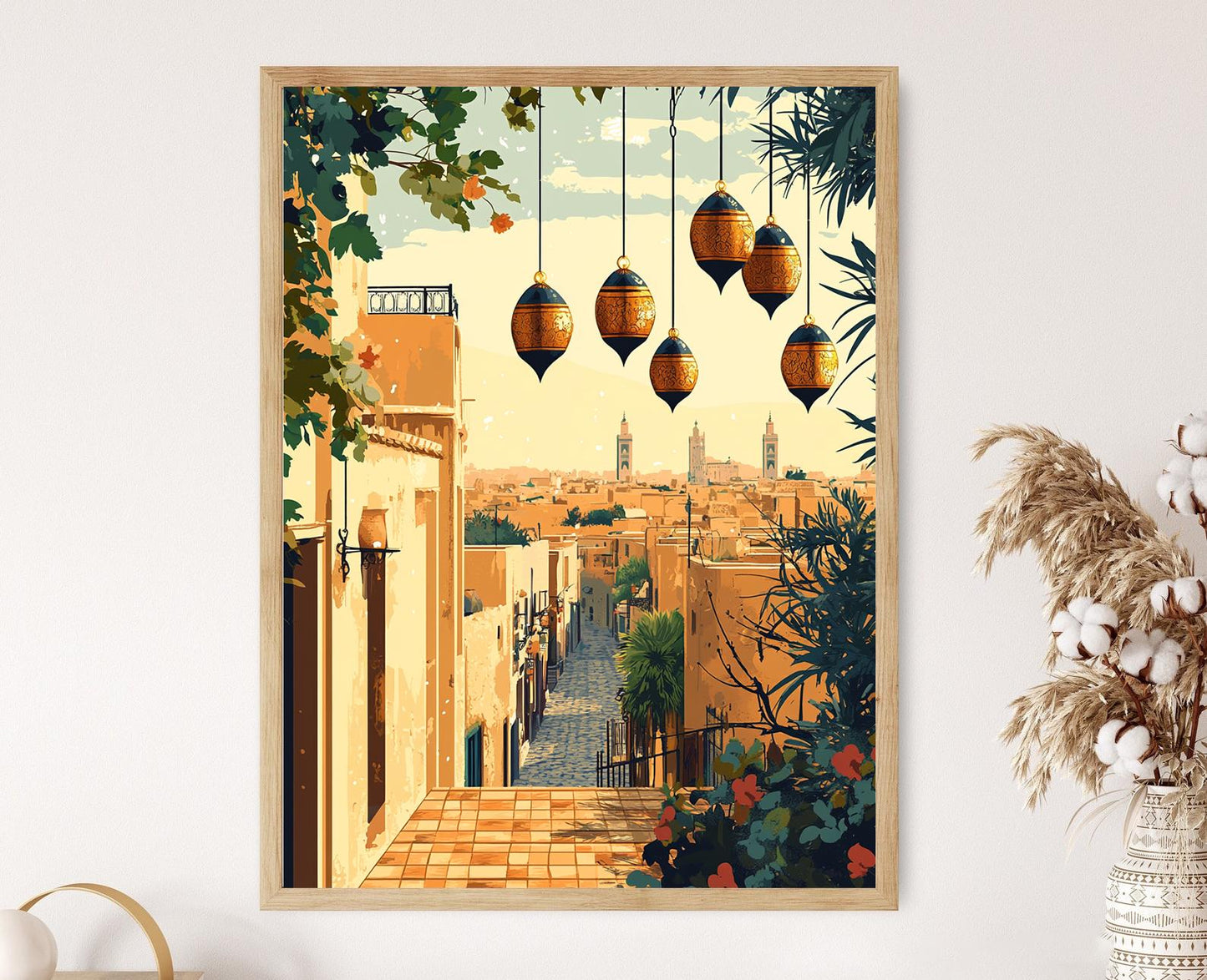 Affiche Médina de Fez – Poster Art Print de la Ville Marocaine, Carillons en Laiton et Bois