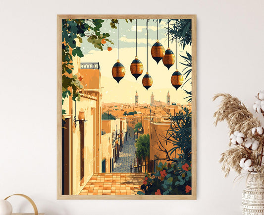 Affiche Médina de Fez – Poster Art Print de la Ville Marocaine, Carillons en Laiton et Bois