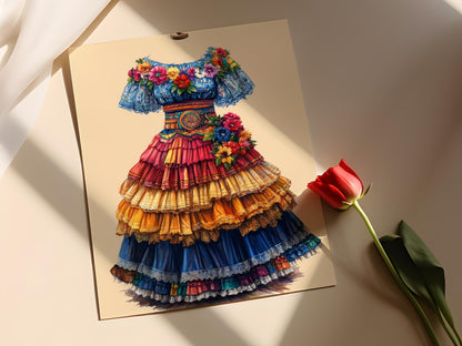 Affiche Bomba Portoricaine – Illustration de Robe et Coiffe Traditionnelle