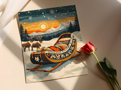 Affiche Rénne Nordique – Poster Illustration de Luge en Bois Sami