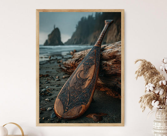 Affiche Pagaie Haida – Impression Art Formline de Saumon et Paysage Autochtone