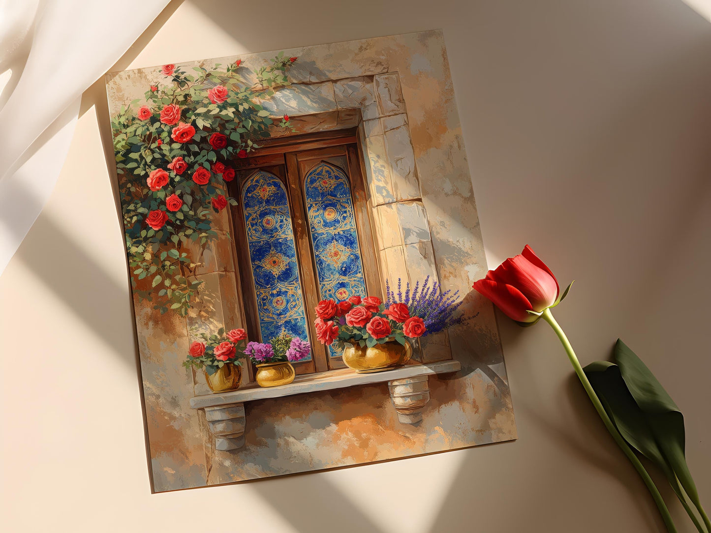 Affiche Art de Fenêtre en Lapis-Lazuli – Décor Floral Élégant