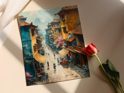 Affiche Hanoi – Poster Ville en peinture, Quartier ancien & architecture coloniale