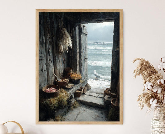 Affiche Cuisine Inuit – Poster Coin Cuisine en Bois Flotté, Scène Alimentaire Arctique