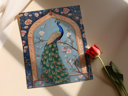 Affiche Paon Indien – Illustration Florale en Style Mughal