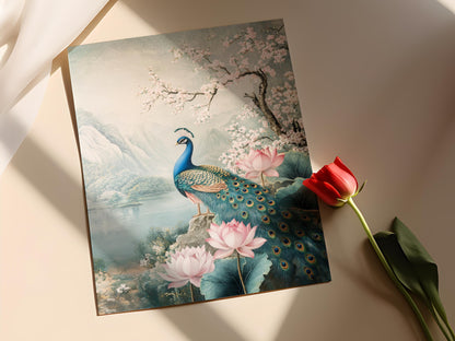 Affiche Paon et Lotus – Poster Fresco Florale Indienne Élégante