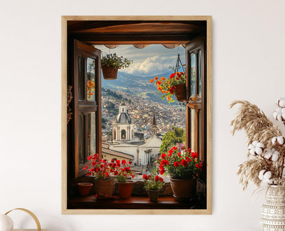 Affiche Quito Équateur – Impression artistique de fenêtre coloniale et fleurs