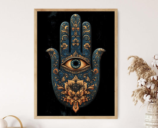 Affiche Mandala Main Hamsa – Art Print Boho Doré & Bleu