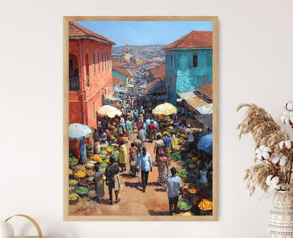 Affiche Marché Ashanti – Poster Tissu Kente Coloré du Ghana