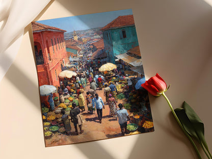 Affiche Marché Ashanti – Poster Tissu Kente Coloré du Ghana