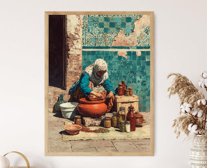 Affiche Femme Marocaine en Cuisine – Poster Art Berbère Tagine