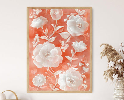 Affiche Art Floral en Soie Chikankari – Décor Murale Écru