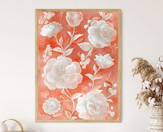 Affiche Art Floral en Soie Chikankari – Décor Murale Écru