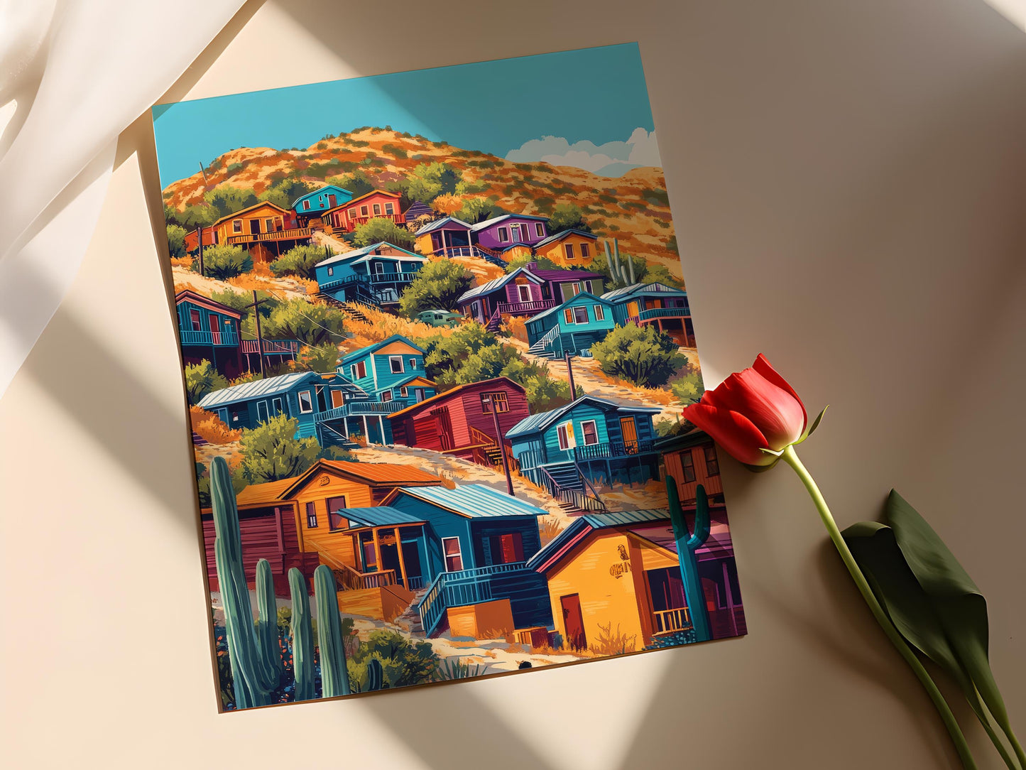 Affiche Bisbee – Illustration colorée des maisons et art de rue en Arizona