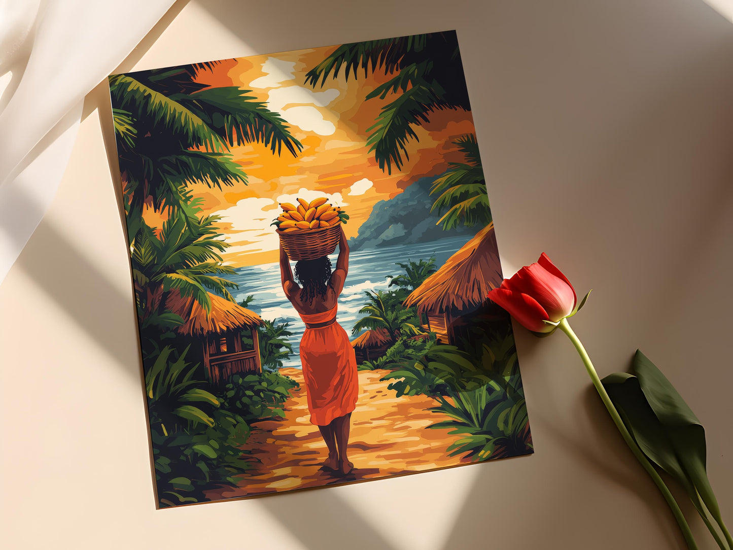 Affiche Kuna Panaméenne – Illustration Femme, Panier de Fruits et Village