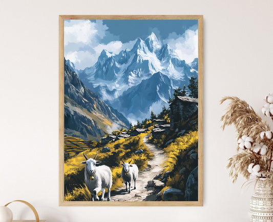 Affiche de Chèvre de Montagne Himalayenne – Impression Art des Terrasses au Crépuscule