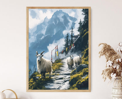 Affiche Sentier des Chèvres du Bhoutan – Poster Forêt Brumeuse et Panneaux de Prière