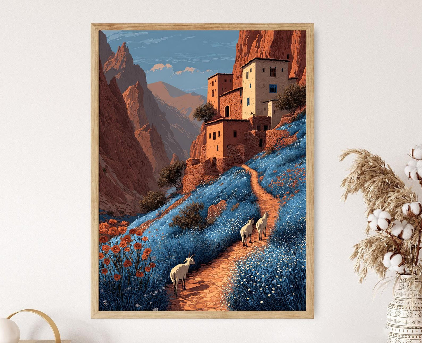 Affiche Troupeau de Chèvres de l'Atlas Marocain – Art des Maisons en Argile et Fleurs du Désert