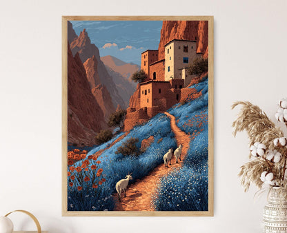 Affiche Troupeau de Chèvres de l'Atlas Marocain – Art des Maisons en Argile et Fleurs du Désert