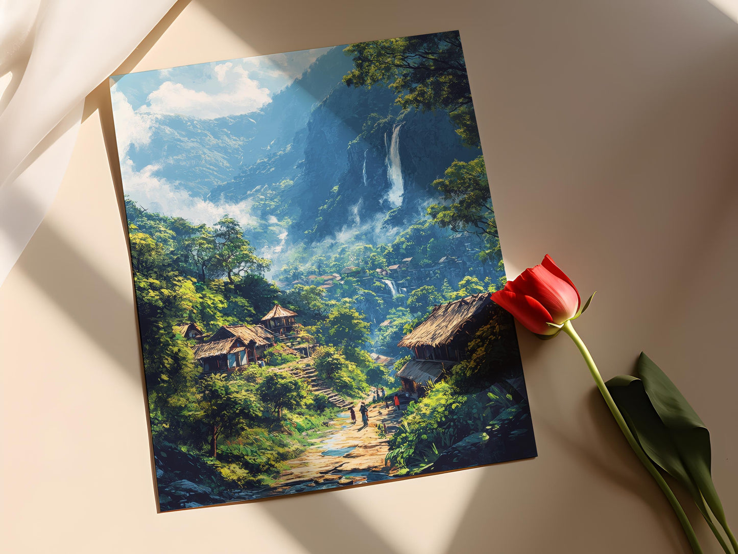 Affiche Ella Village – Poster nature du Sri Lanka avec cascade illustrée