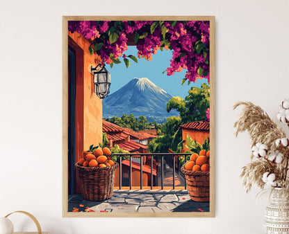 Affiche Antigua Guatemala – Poster Peinture Balcon & Panier de Mangues