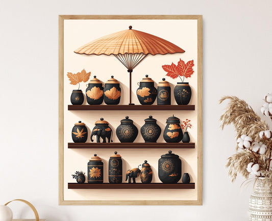 Affiche Éléphant Birman – Poster en poterie dorée, art du Myanmar