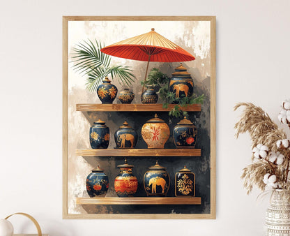 Affiche Art de la Poterie Birmane – Élégants Pots Éléphants Dorés